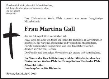 Todesanzeige von Martina Gall von saarbruecker_zeitung