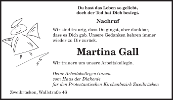 Todesanzeige von Martina Gall von saarbruecker_zeitung