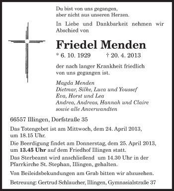 Todesanzeige von Friedel Menden von saarbruecker_zeitung