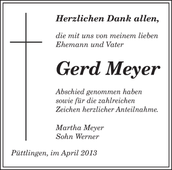 Todesanzeige von Gerd Meyer von saarbruecker_zeitung