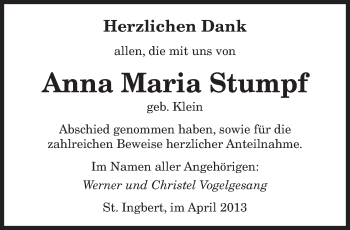 Todesanzeige von Anna Maria Stumpf von saarbruecker_zeitung