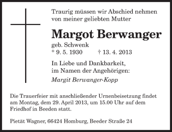 Todesanzeige von Margot Berwanger von saarbruecker_zeitung