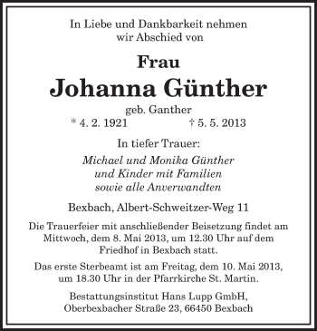 Todesanzeige von Johanna Günther von saarbruecker_zeitung