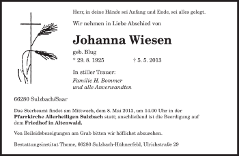 Todesanzeige von Johanna Wiesen von saarbruecker_zeitung