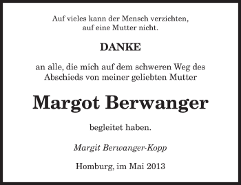 Todesanzeige von Margot Berwanger von saarbruecker_zeitung