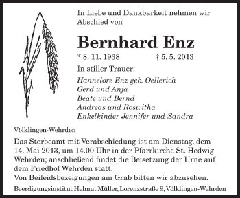Todesanzeige von Bernhard Enz von saarbruecker_zeitung