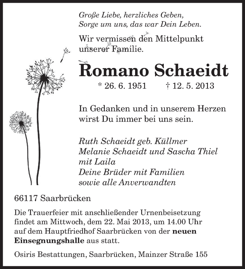  Traueranzeige für Romano Schaeidt vom 16.05.2013 aus saarbruecker_zeitung