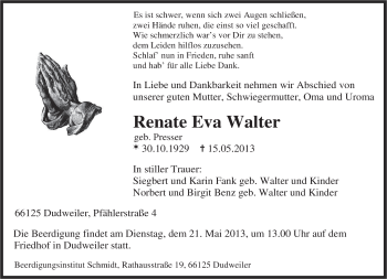 Todesanzeige von Renate Eva Walter von saarbruecker_zeitung