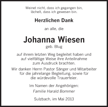Todesanzeige von Johanna Wiesen von saarbruecker_zeitung