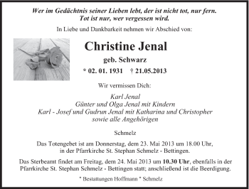 Todesanzeige von Christine Jenal von saarbruecker_zeitung