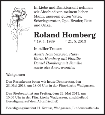 Todesanzeige von Roland Homberg von saarbruecker_zeitung