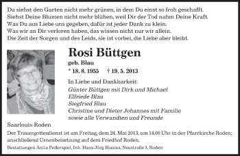 Todesanzeige von Rosi Büttgen von saarbruecker_zeitung