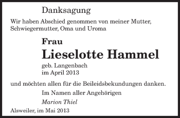 Todesanzeige von Lieselotte Hammel von saarbruecker_zeitung