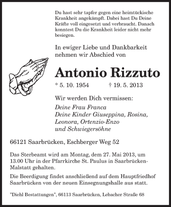 Todesanzeige von Antonio Rizzuto von saarbruecker_zeitung
