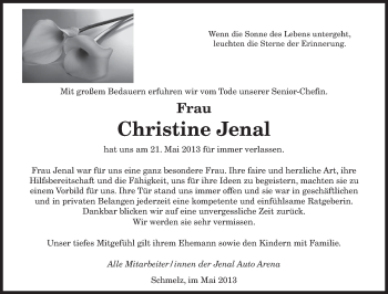Todesanzeige von Christine Jenal von saarbruecker_zeitung