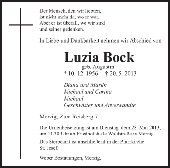 Todesanzeige von Luzia Bock von saarbruecker_zeitung