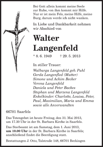 Todesanzeige von Walter Langenfeld von saarbruecker_zeitung