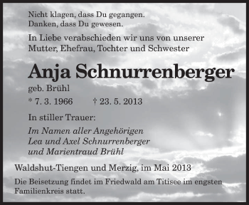 Todesanzeige von Anja Schnurrenberger von saarbruecker_zeitung