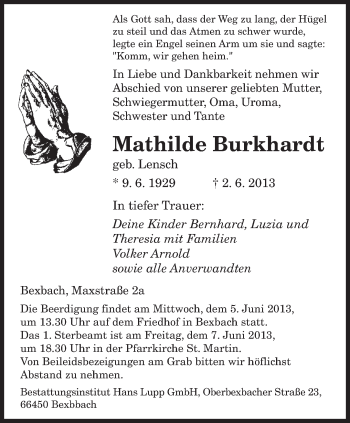 Todesanzeige von Mathilde Burkhardt von saarbruecker_zeitung