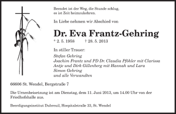 Todesanzeige von Eva Frantz-Gehring von saarbruecker_zeitung