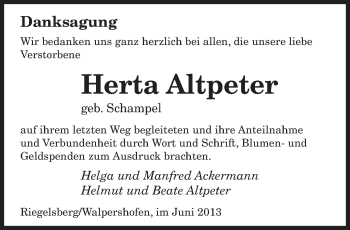 Todesanzeige von Herta Altpeter von saarbruecker_zeitung