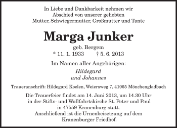Todesanzeige von Marga Junker von saarbruecker_zeitung