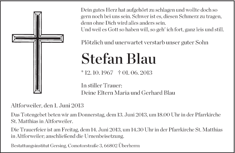  Traueranzeige für Stefan Blau vom 11.06.2013 aus saarbruecker_zeitung