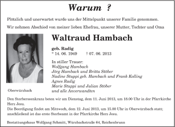Todesanzeige von Waltraud Hambach von saarbruecker_zeitung