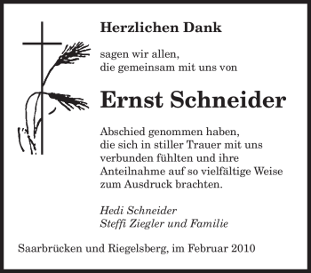 Todesanzeige von Ernst Schneider von SAARBRÜCKER ZEITUNG