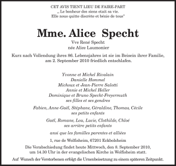 Todesanzeige von Alice Specht von SAARBRÜCKER ZEITUNG