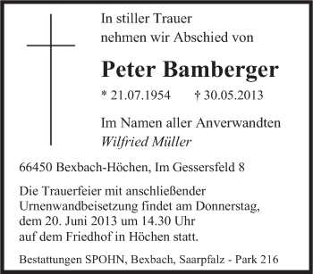 Todesanzeige von Peter Bamberger von saarbruecker_zeitung