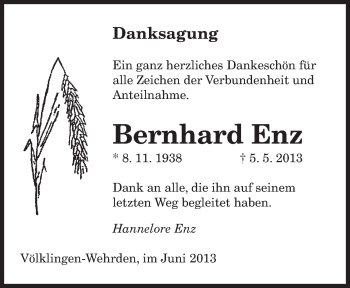 Todesanzeige von Bernhard Enz von saarbruecker_zeitung