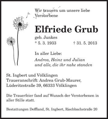 Todesanzeige von Elfriede Grub von saarbruecker_zeitung