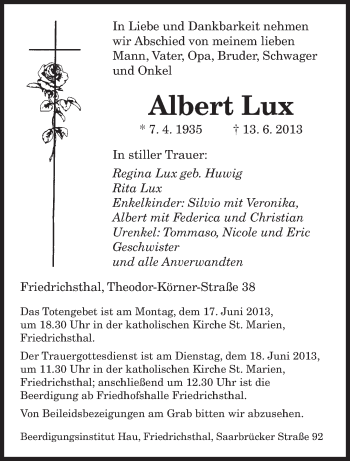 Todesanzeige von Albert Lux von saarbruecker_zeitung