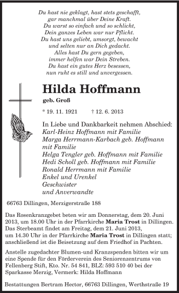 Todesanzeige von Hilda Hoffmann von saarbruecker_zeitung