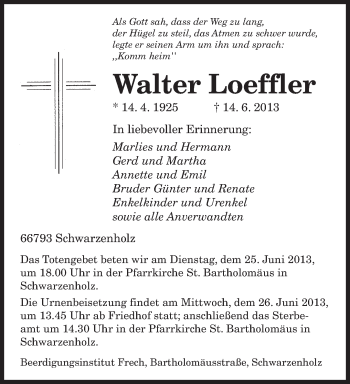 Todesanzeige von Walter Loeffler von saarbruecker_zeitung