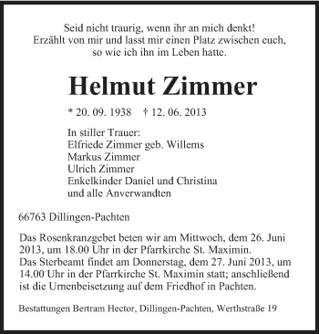 Todesanzeige von Helmut Zimmer von saarbruecker_zeitung