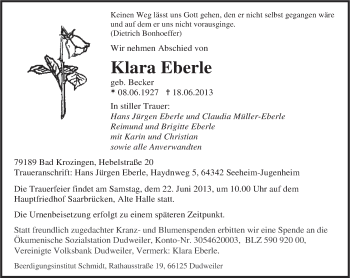 Todesanzeige von Klara Eberle von saarbruecker_zeitung