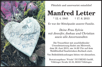 Todesanzeige von Manfred Letter von saarbruecker_zeitung