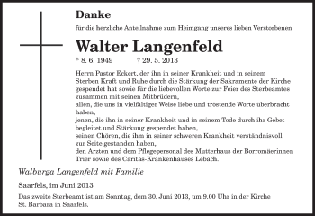 Todesanzeige von Walter Langenfeld von saarbruecker_zeitung