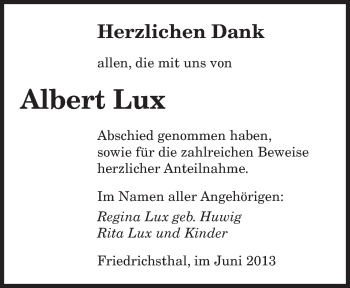 Todesanzeige von Albert Lux von saarbruecker_zeitung
