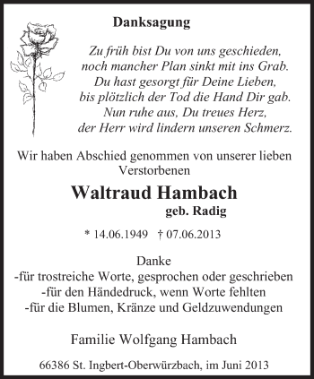 Todesanzeige von Waltraud Hambach von saarbruecker_zeitung