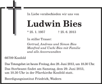 Todesanzeige von Ludwin Bies von saarbruecker_zeitung