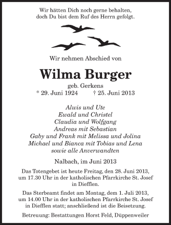 Todesanzeige von Wilma Burger von saarbruecker_zeitung