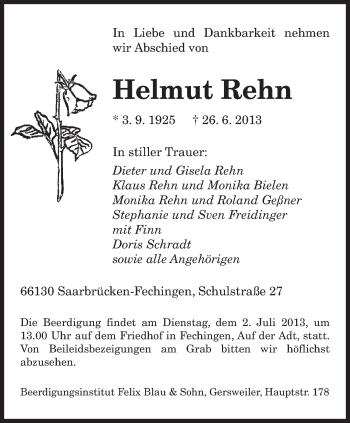Todesanzeige von Helmut Rehn von saarbruecker_zeitung