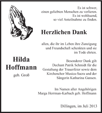 Todesanzeige von Hilda Hoffmann von saarbruecker_zeitung