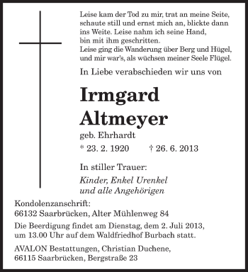Todesanzeige von Irmgard Altmeyer von saarbruecker_zeitung