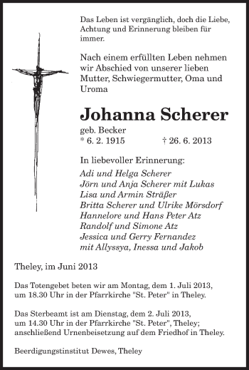 Todesanzeige von Johanna Scherer von saarbruecker_zeitung