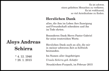Todesanzeige von Aloys Andreas Schirra von saarbruecker_zeitung