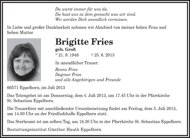  Traueranzeige für Brigitte Fries vom 02.07.2013 aus saarbruecker_zeitung